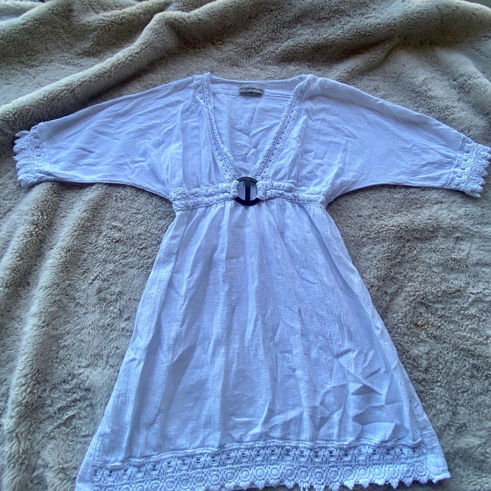 Cotton Natural Avalon V Neck Top/Coverup Crochet Details with Midsection Buckle